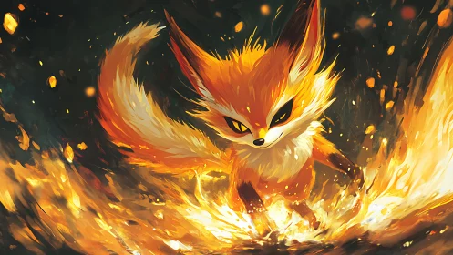 Fiery fox spirit charging through swirling golden flames.