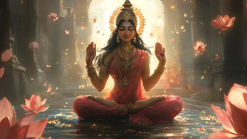 Radiant goddess in lotus meditation amid golden temple light.