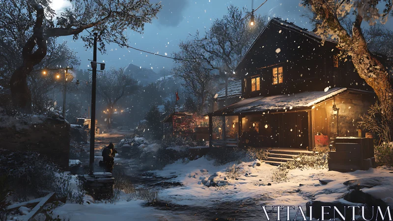 Cozy winter cottage glowing warmly under a gentle snowfall.