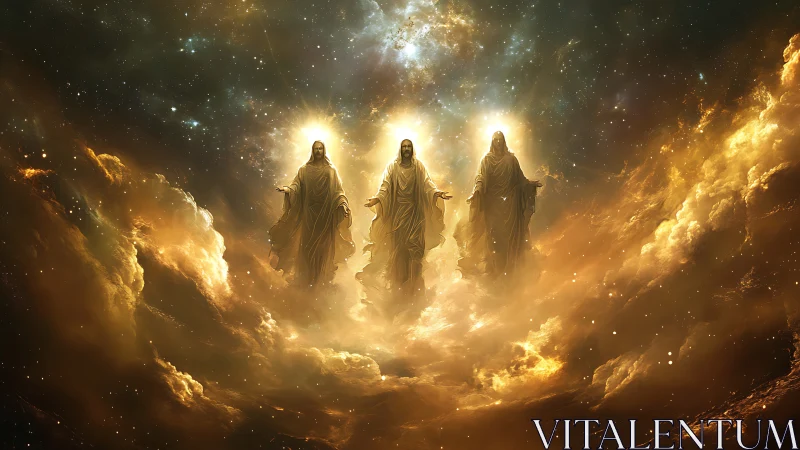 Trinity of luminous robed figures ascends within stellar clouds