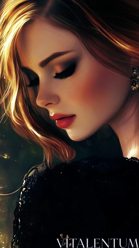 Golden-lit profile captures serene feminine elegance in silence.