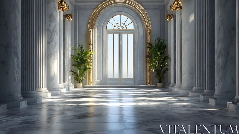 Sunlit marble hall opens into a grand, welcoming entrance