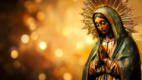 Photorealistic Marian icon with radiant bokeh gilded halo.
