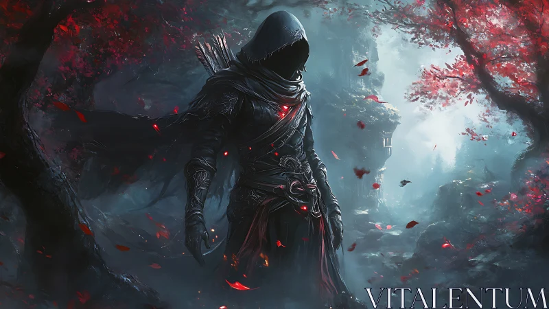 Hooded figure in dark forest with red foliage and tower.