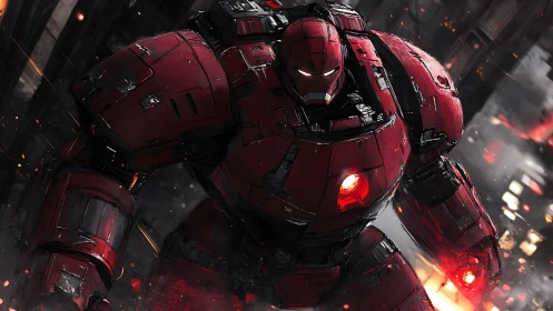 Heavily armored red exosuit advancing through urban inferno.