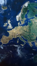 Europe satellite map reveals coastlines, mountains, cloud bands.