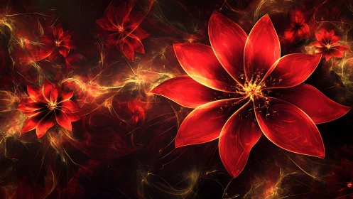 Luminous red fractal flowers on dark swirling background.