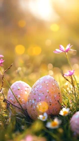 Pastel speckled eggs resting softly in golden spring light.