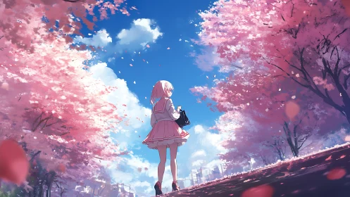 Blossom-lined path cradles a daydreaming girl in spring light.