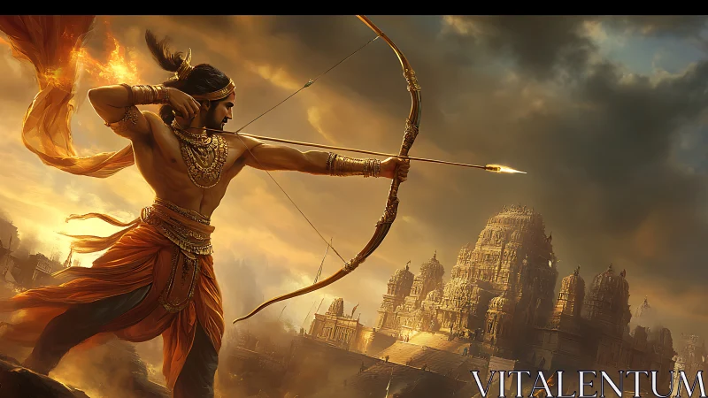 Fiery archer poised before a glowing ancient temple city.