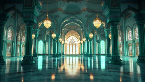 Opulent turquoise palace hall glows in ethereal golden light.
