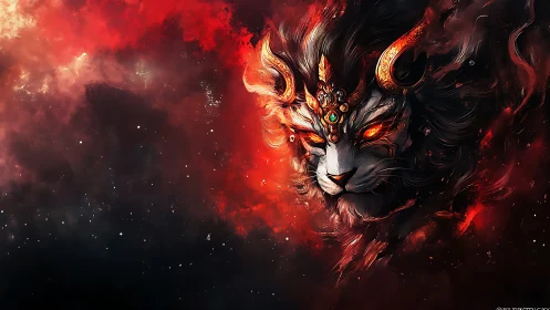 Fiery celestial lion spirit emerges from a glowing cosmic storm