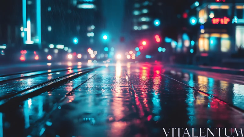 Neon city streetcar rails glowing on wet midnight asphalt.