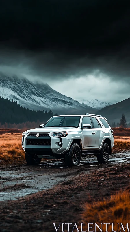 White off-road SUV on muddy trail under stormy sky.
