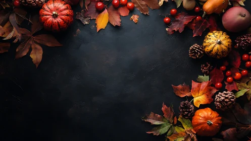 Autumnal still life frames dark slate surface with harvest