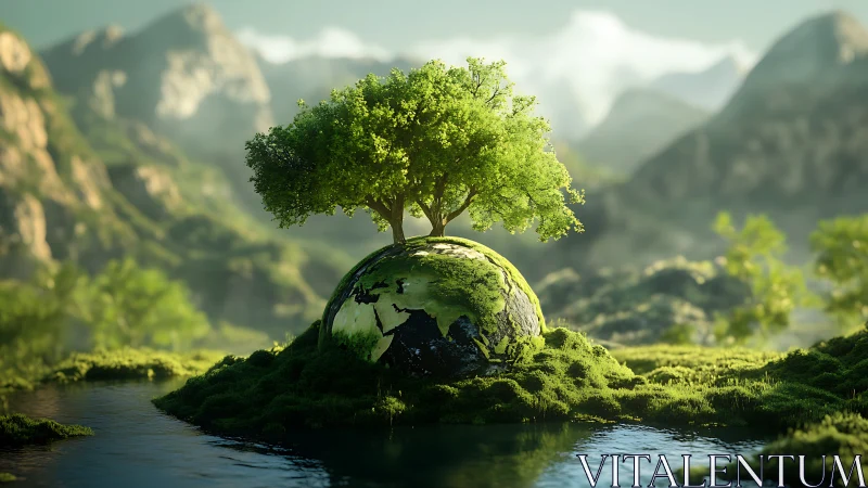 Lush Green Tree Growing on Mossy Earth Globe in Dreamy Mountainscape.