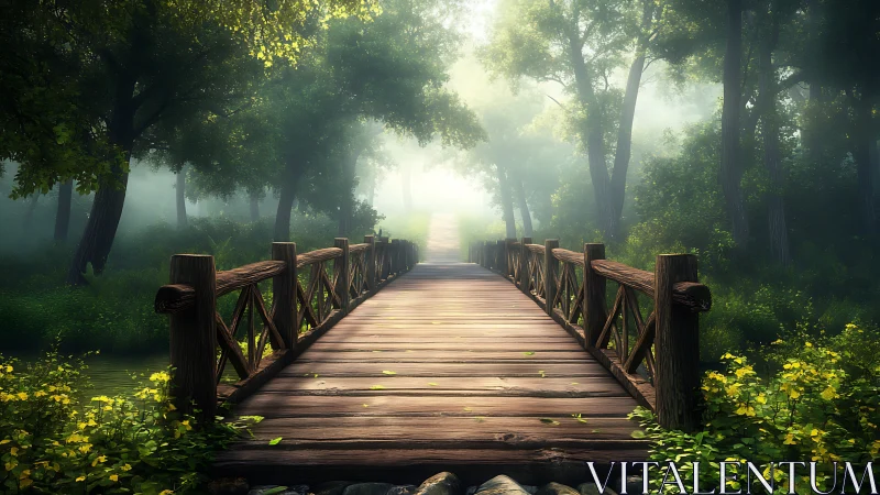 Sunlit wooden bridge recedes into mist within dense forest corridor