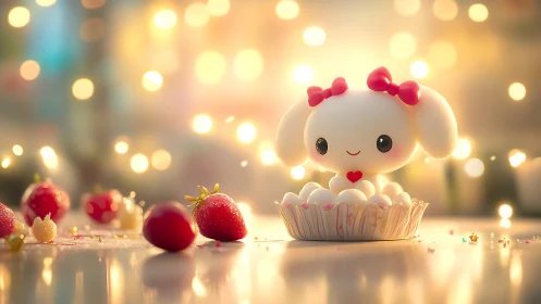 Cherubic Character Nestled in Pastry Vessel Amid Festive Bokeh Lighting