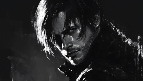 Brooding man in monochrome brushwork portrait study.