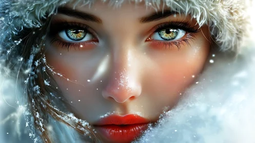 Winter portrait highlights icy eyes and luminous snowfall.