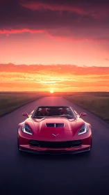 Red performance roadster under cinematic sunset sky.