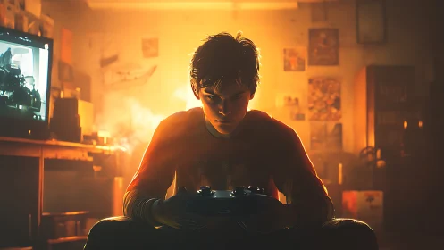 Intense gamer portrait in cinematic warm backlighting focus.