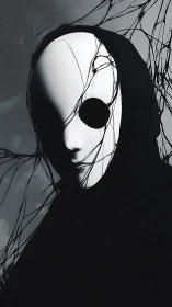 Monochrome spectral mask portrait with abstract tendrils design.