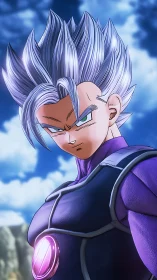 Purple-armored anime warrior channels intense sky-lit power.