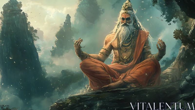 Mystic yogi meditating on misted cliff in mountainous gorge