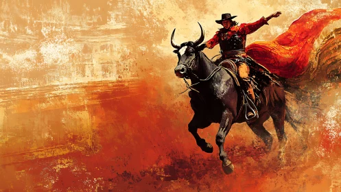 Galloping rodeo rider cuts through a blazing western storm