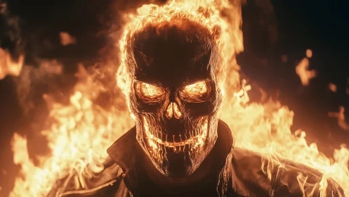 Flaming skull figure in leather jacket against dark background.