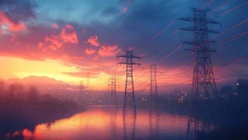 Digital painting of sunset powerlines over reflective river basin.