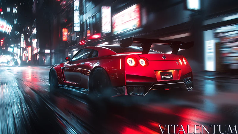 Aerodynamic red sports car accelerates through neon wet city street