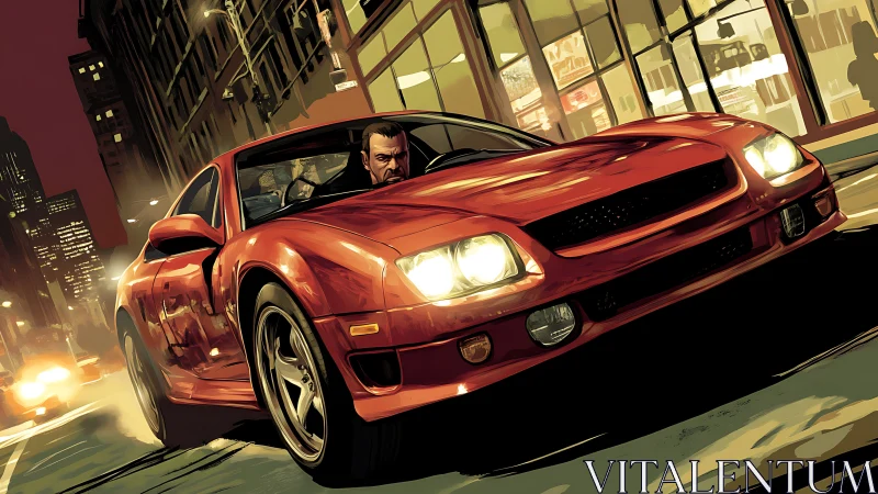 Red muscle car powers through neon city street night traffic