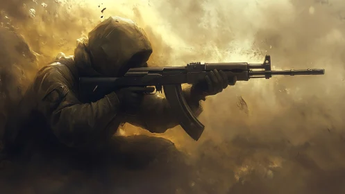 Hooded combat marksman with assault rifle in dust-filled cover