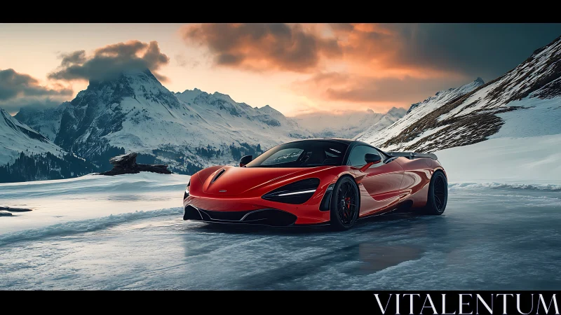 Crimson supercar gliding over frozen alpine mirror at dusk.