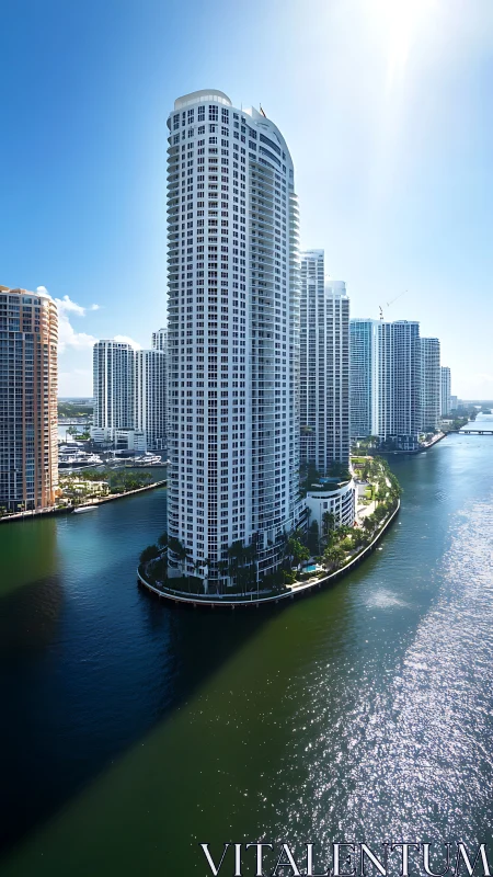 Sunlit waterfront skyscraper curve on bright urban riverfront.