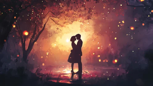 Romantic couple embracing beneath glowing golden lights