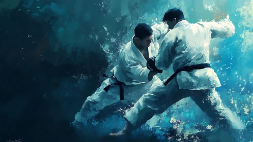 Martial artists in dynamic judo clash under cyan brushwork.