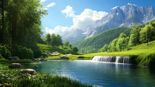 Sunlit alpine valley with crystal lake and soft cascade.