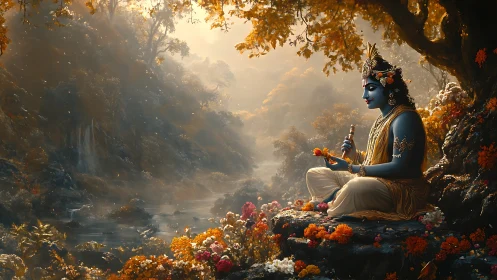 Divine blue figure in golden forest glade with river vista.