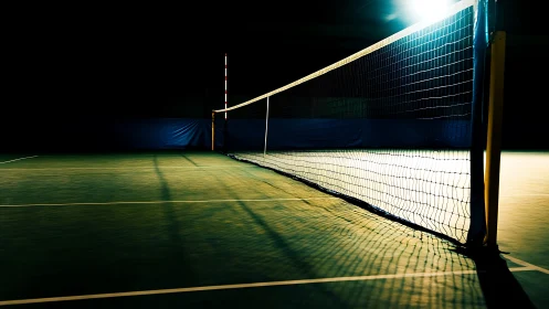Quiet indoor volleyball court glowing under soft lights.