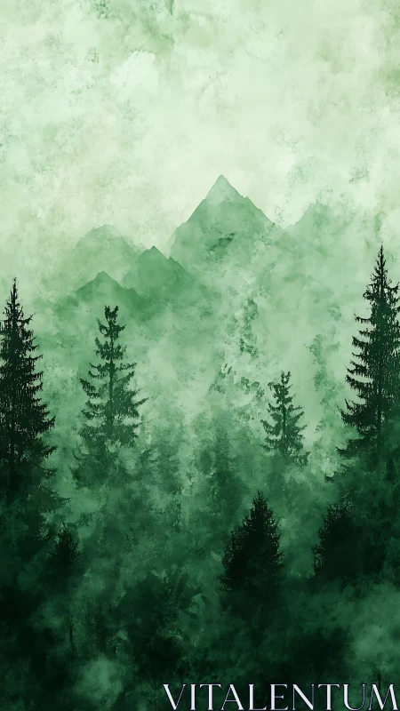Mountain Peaks Rising Through Misty Pine Forest.