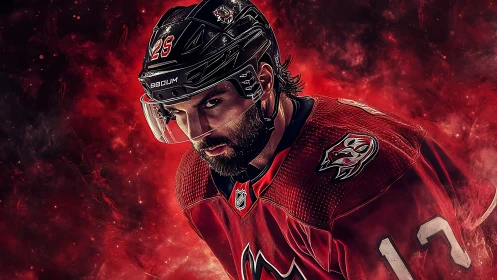 Intense ice hockey portrait amid swirling crimson energy.