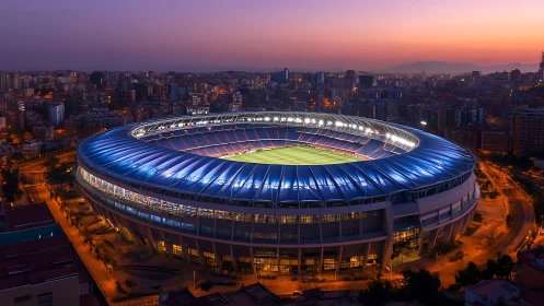 Illuminated urban football stadium during evening twilight.