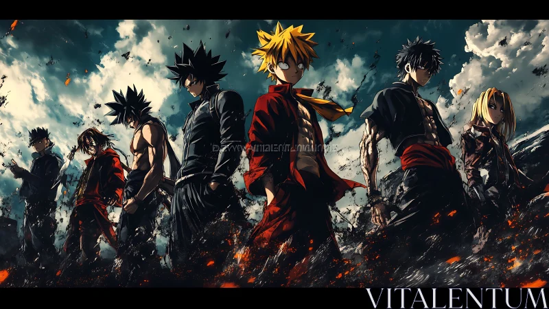 Storm-forged anime warriors stride through embers and sky.