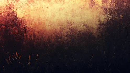 Sunlit grunge wall with dark foliage silhouette base.