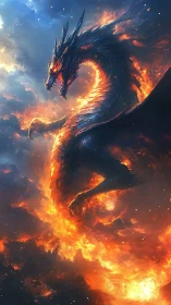 Infernal obsidian dragon rising through cascading firestorm.