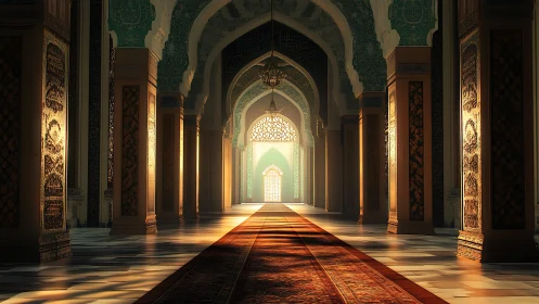 Sunlit arcades breathe over a jeweled Islamic corridor.