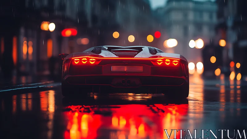 Rear view sports car on wet city street at night period